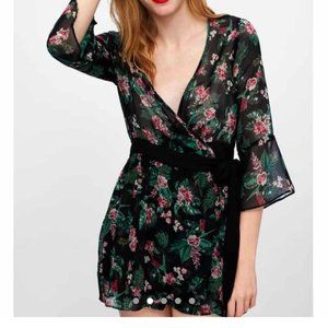 Zara Women's romper wrap Floral  Small Green Black 3/4 sleeves
